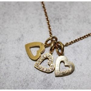 Sarah Chloe Triple Heart Charms Necklace, Diamonds and Silver, Gold, With Tags